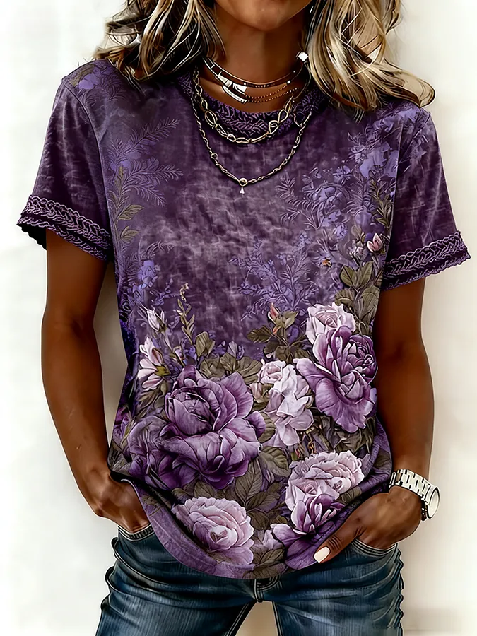 Women'S Casual Printed Cotton And Linen Round Neck Top
