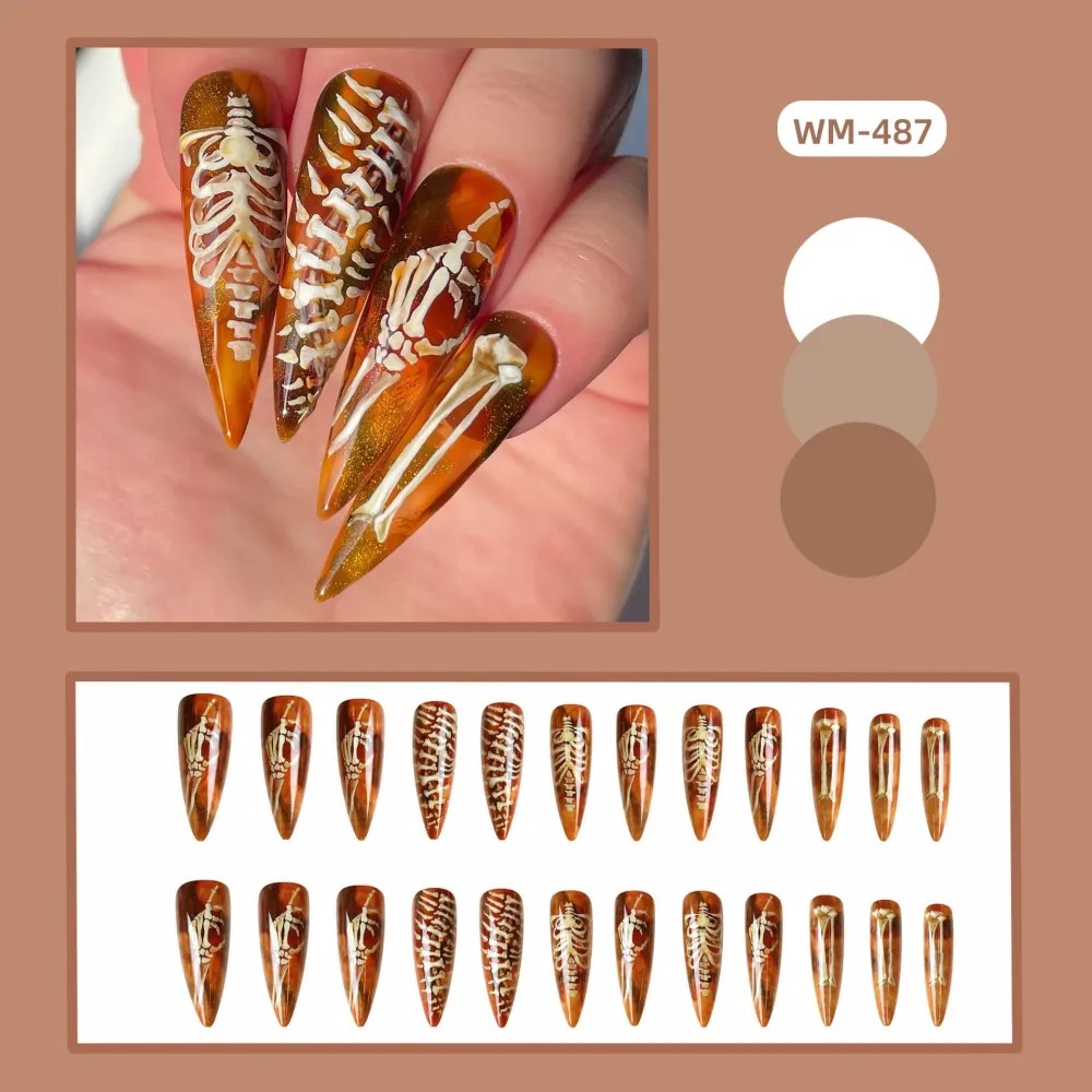 Nailhour 24Pcs Halloween Orange Glitter Long Stiletto Press On Nails