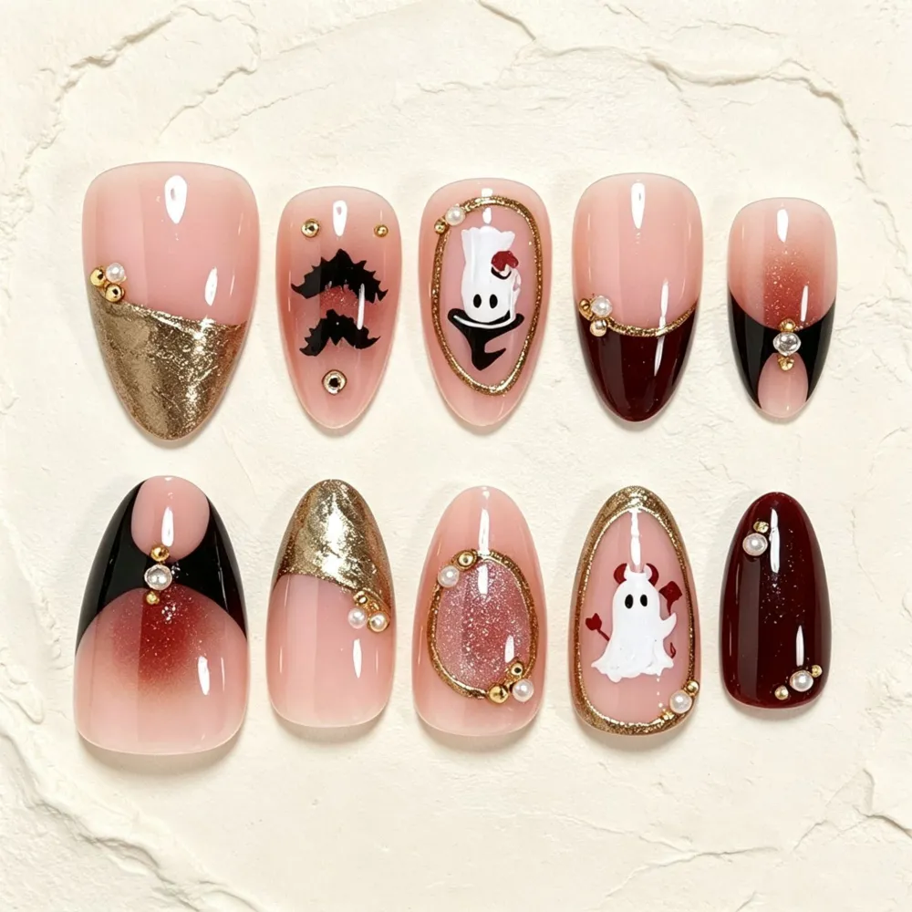 Nailhour 30Pcs Halloween Medium Almond French Gilded Press On Nails