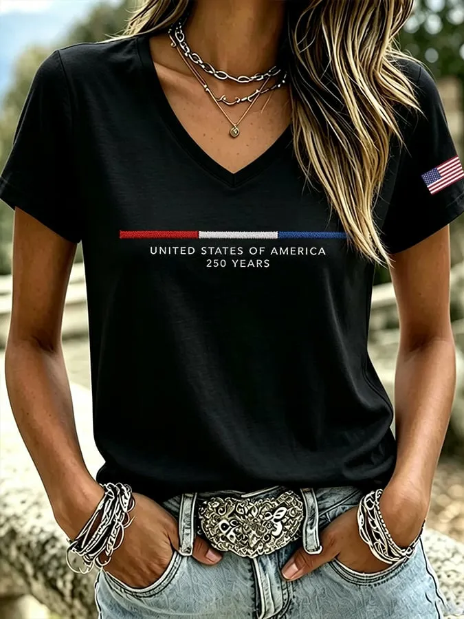 Women'S America Flag Print Casual V-Neck T-Shirt