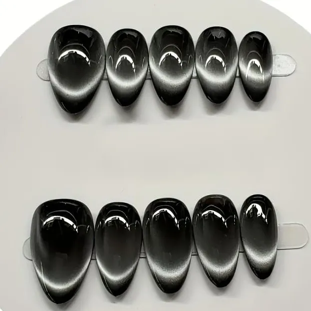 Nailhour 10Pcs Black Cat Eye Medium Almond Press On Nails