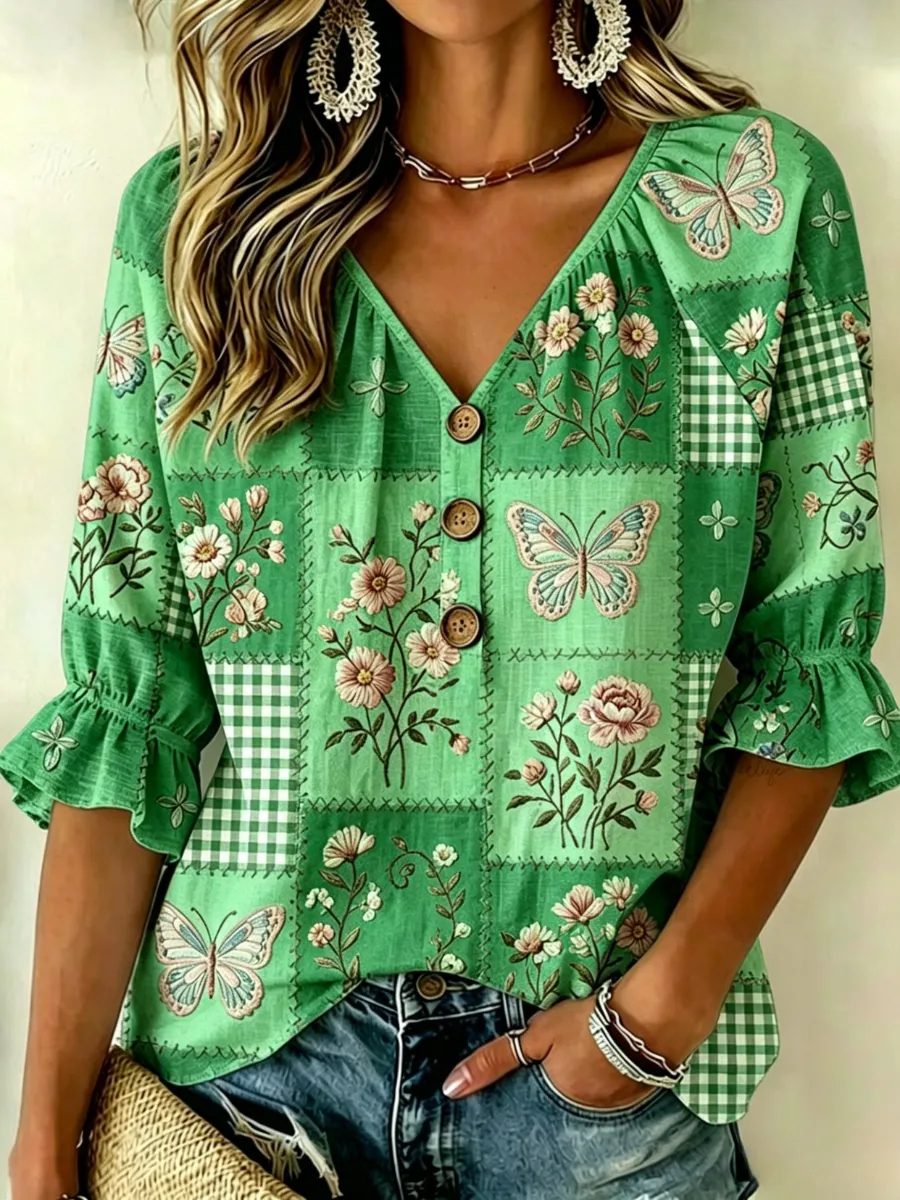 Women'S Floral Cotton Linen Shirt