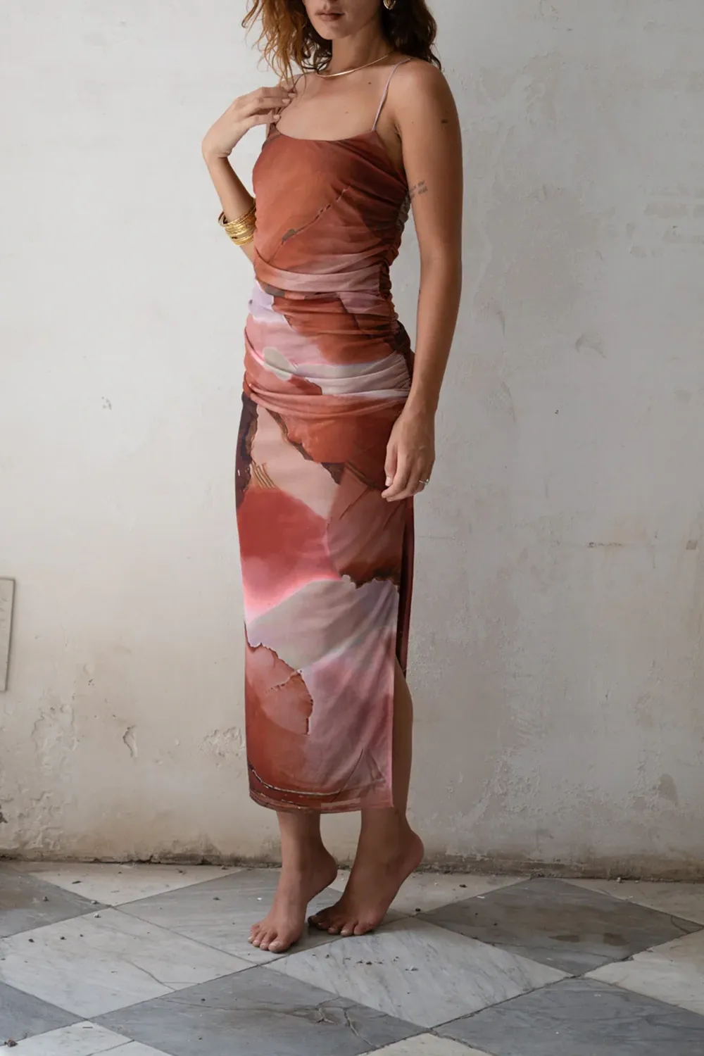 Rust Abstract Mesh Midi Dress