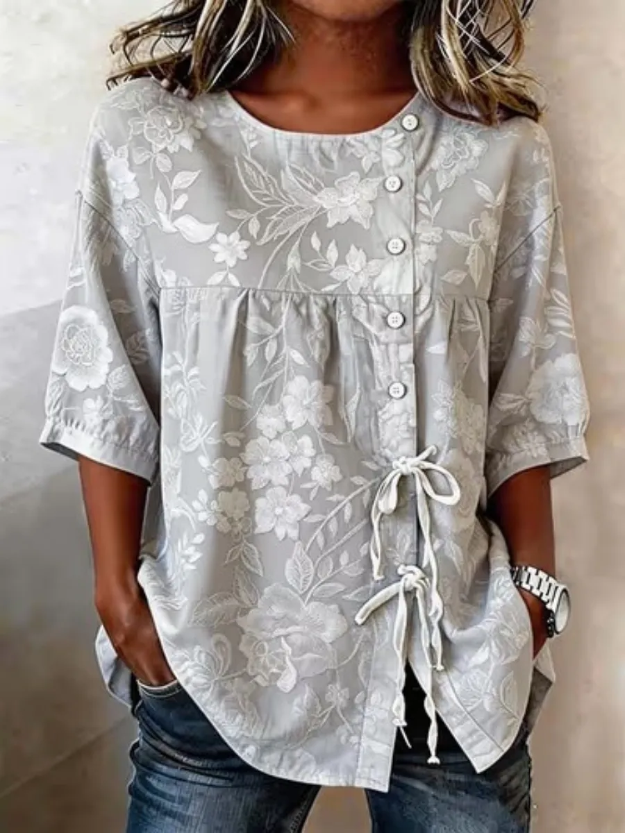 Elegant Floral Pattern Women's Linen Shirt