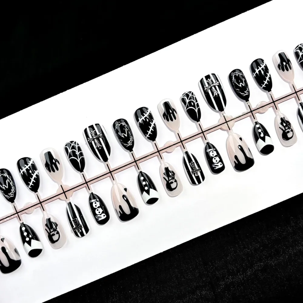 Nailhour 30Pcs Halloween Dark Metallic Medium Almond French Press On Nails