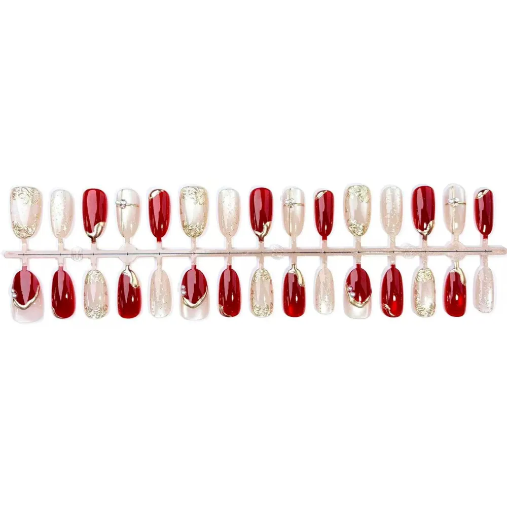 Nailhour 30Pcs Red Cat Eye Medium Oval French Gilded Press On Nails