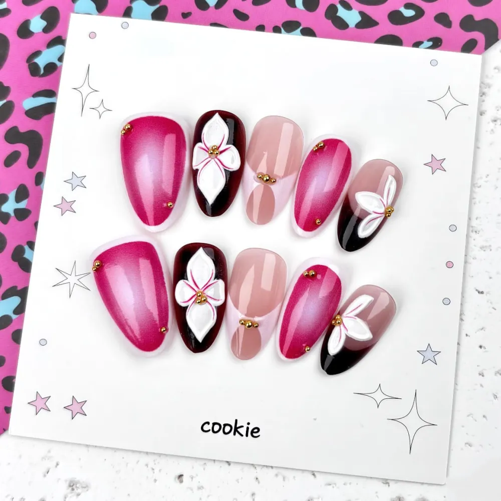 Nailhour 30Pcs Pink & Brown Floral 3D Medium Almond French Press On Nails