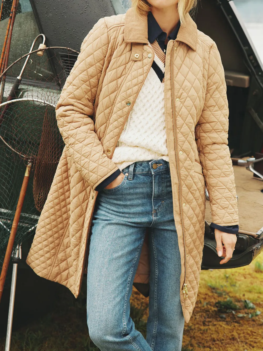 Brown Showerproof Longline Diamond Quilted Coat
