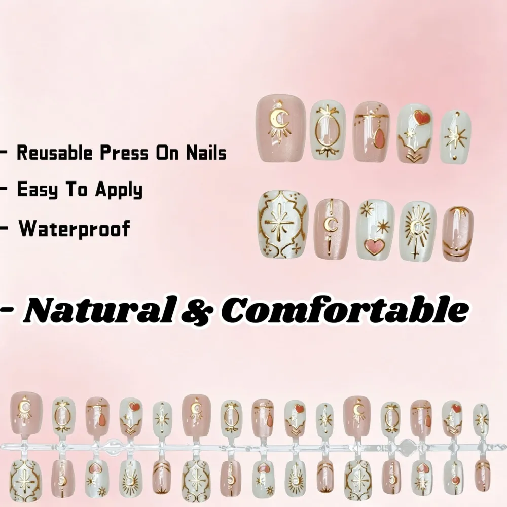 Nailhour 30Pcs Vintage 3D Medium Square French Press On Nails
