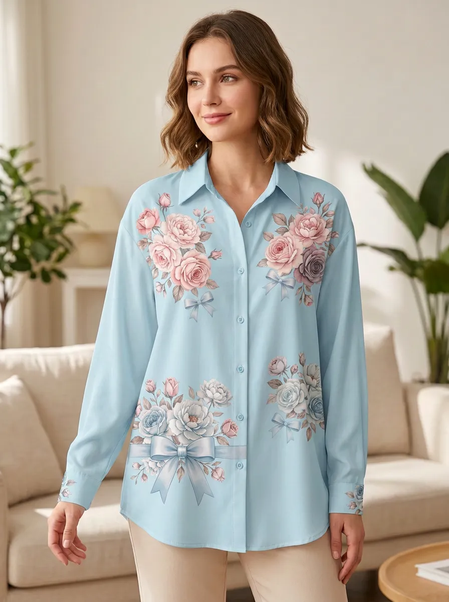 Women's Breast Cancer Awareness Pink Rose Bow Printed Button-Down Shirt