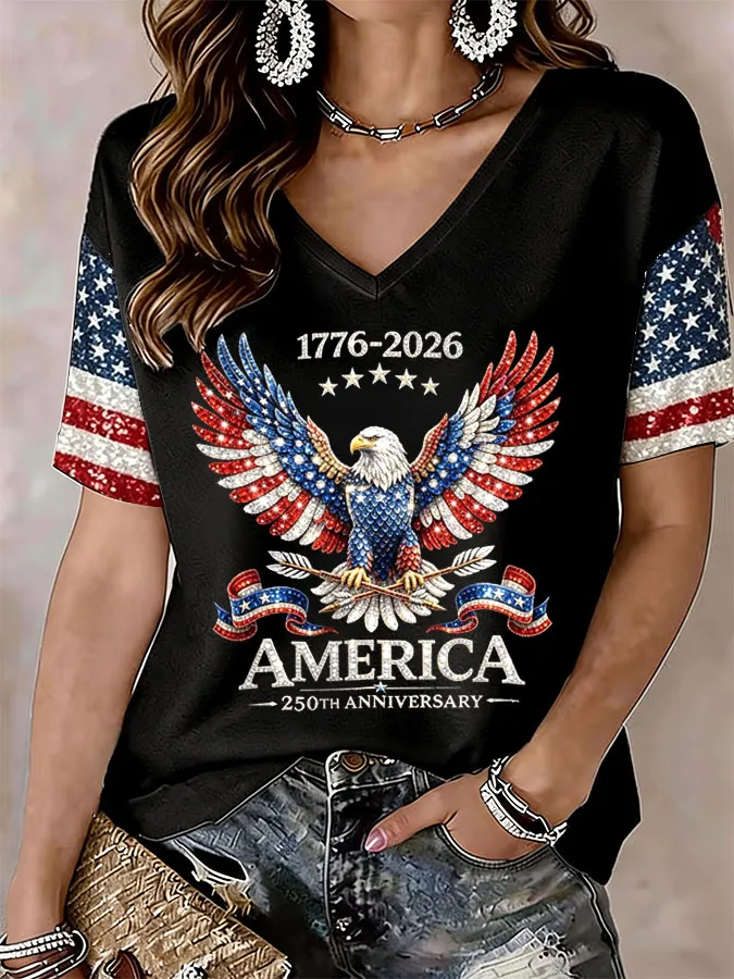 Women'S America Flag Print Casual V-Neck T-Shirt