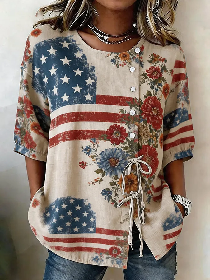Women's Casual Patriot Cotton Linen Short-Sleeve Shirt