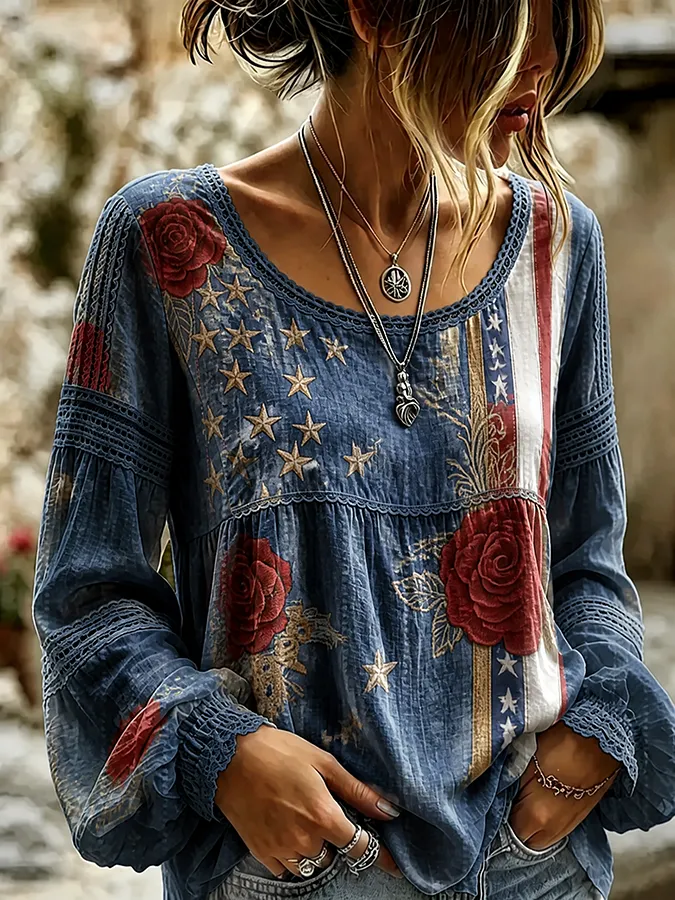 Women's National Flag Floral Cotton Linen Shirt