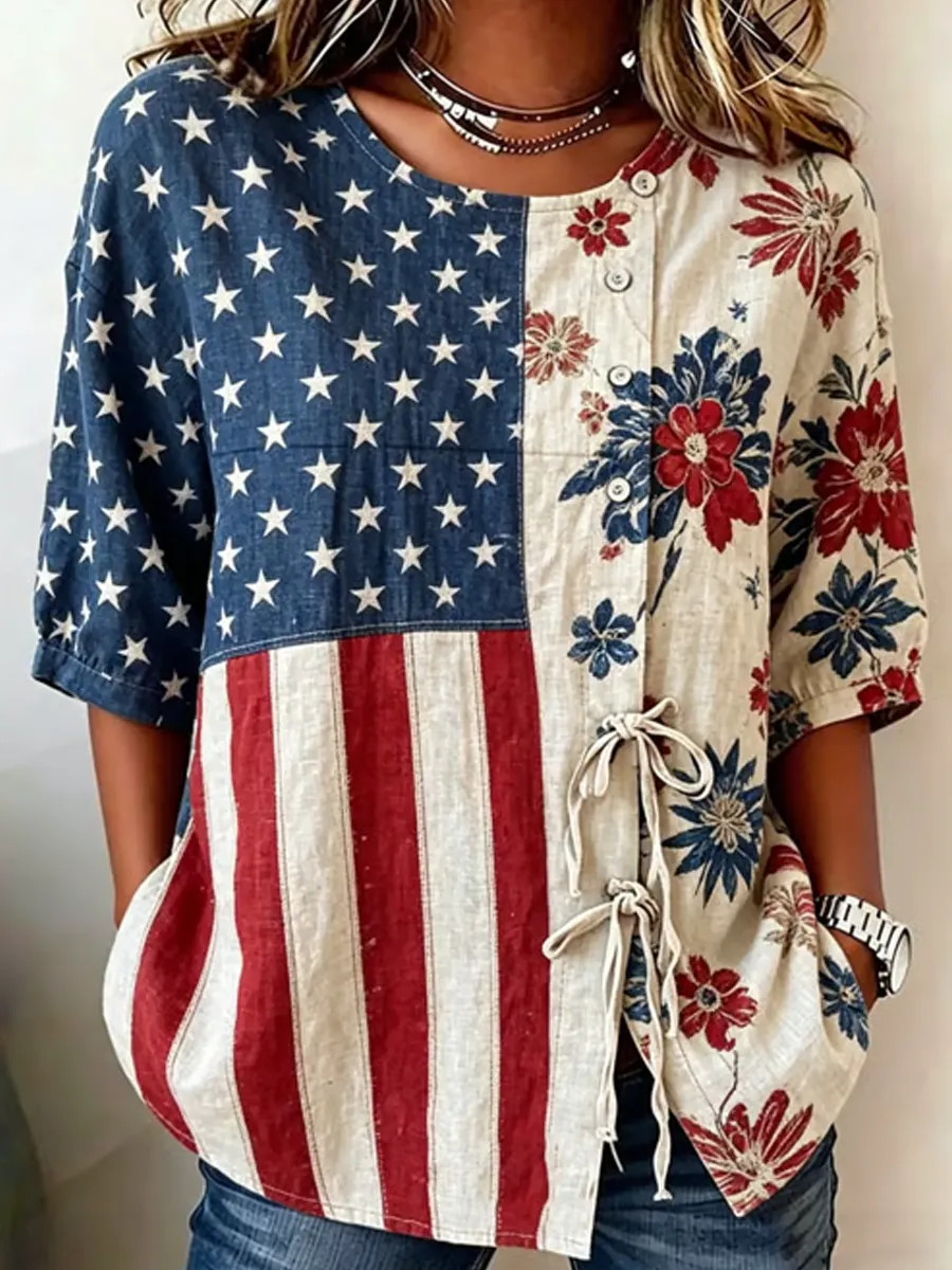 Women's Cotton Linen USA 250th Anniversary Print Shirt