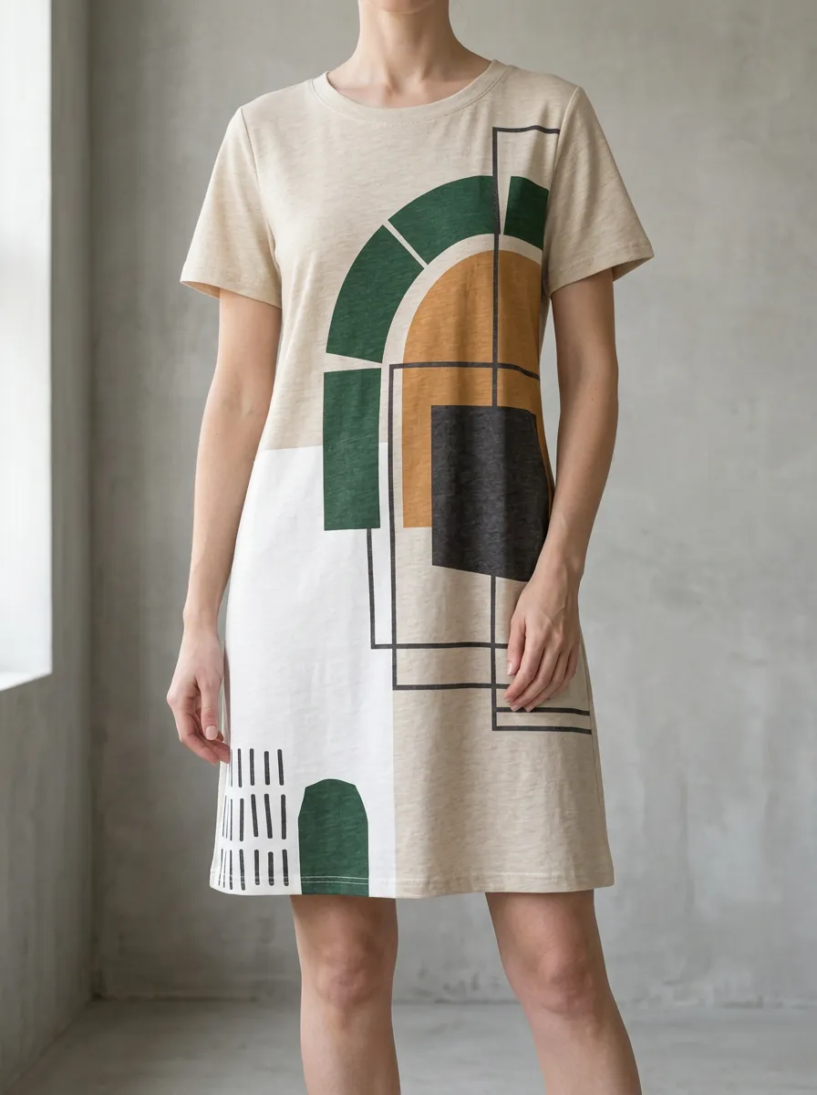 Women's Crew Neck Mini Geometric Print T-Shirt Dress
