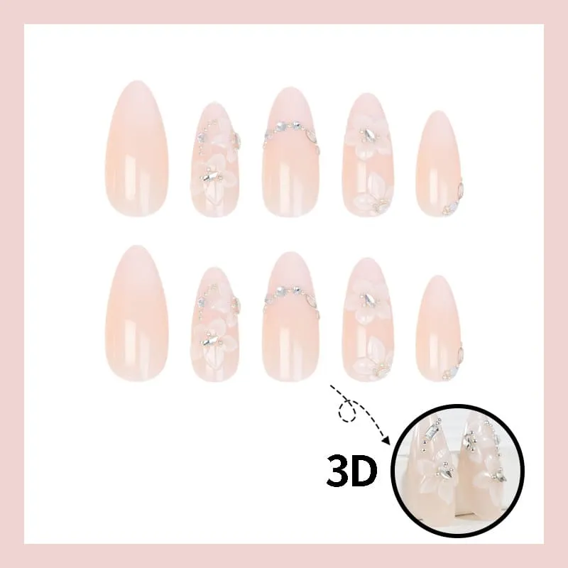 Nailhour 24Pcs Emboss Floral 3D Medium Almond French Press On Nails