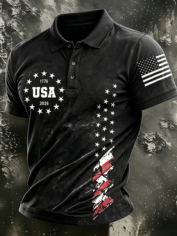 Men'S American Flag Print Casual Polo Shirt
