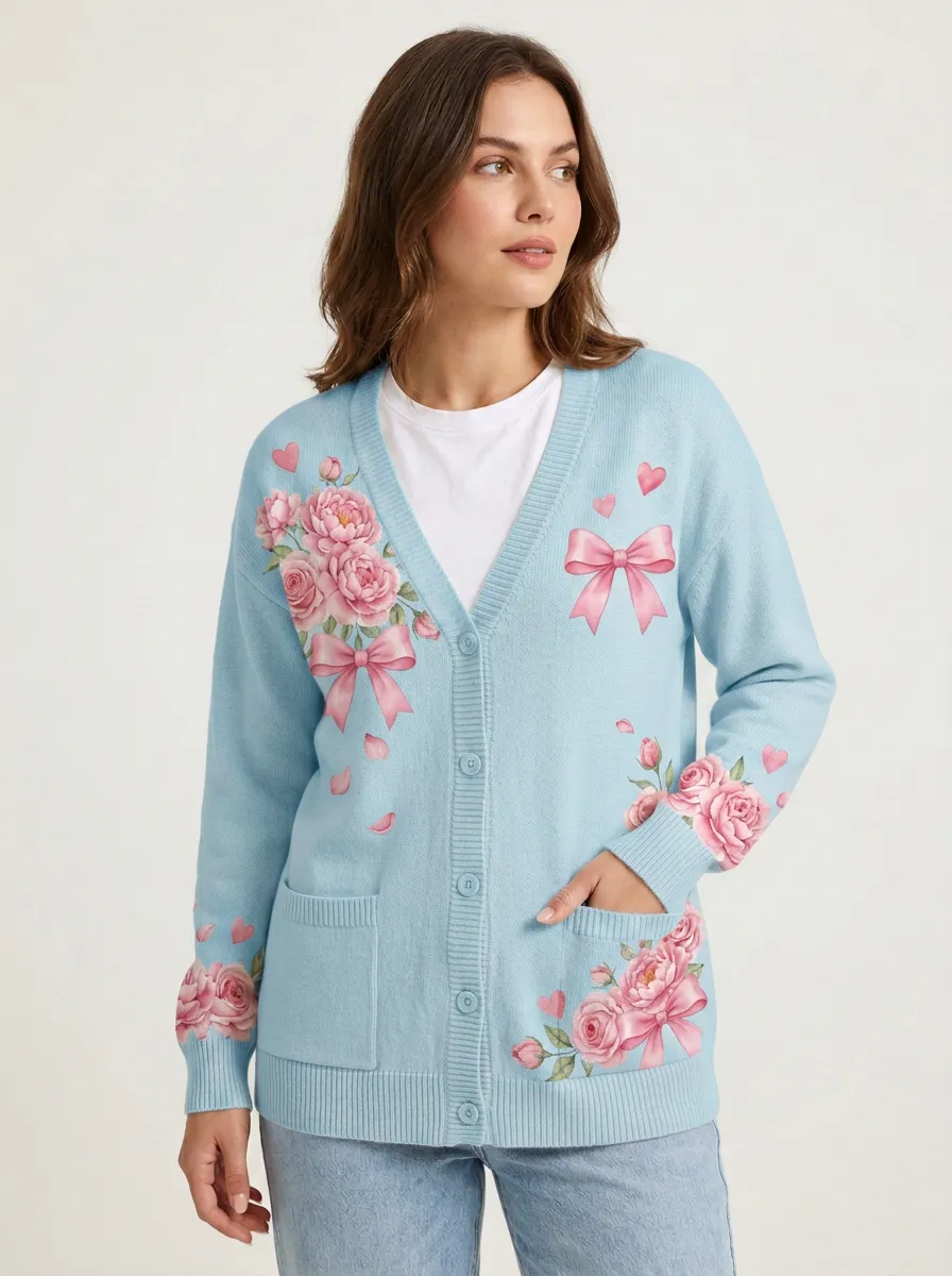 Women's Breast Cancer Awareness Pink Rose Bow Printed Cardigan