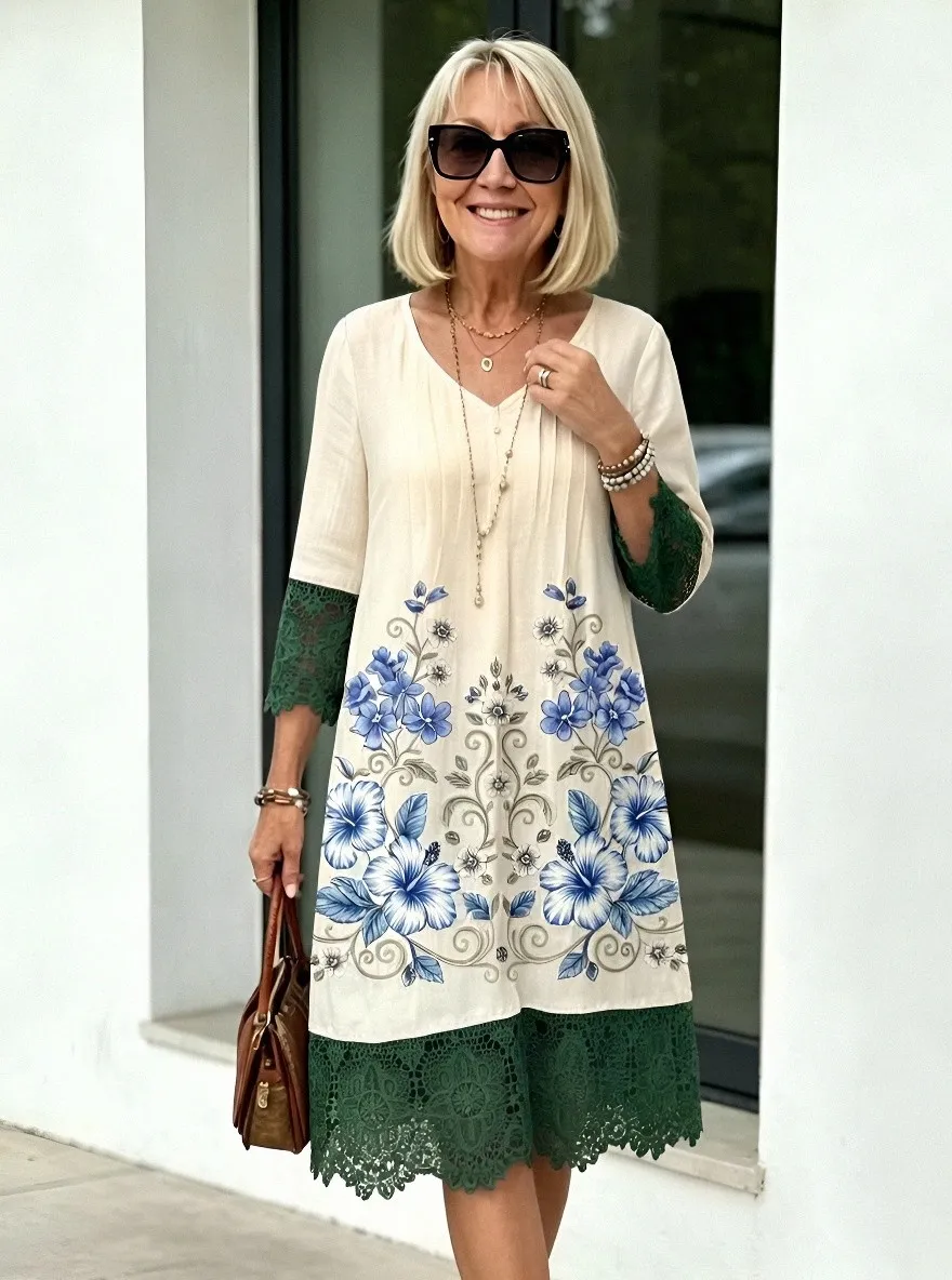 Women's Summer Vacation Blue Hibiscus Floral Lace Trim Printed Dress