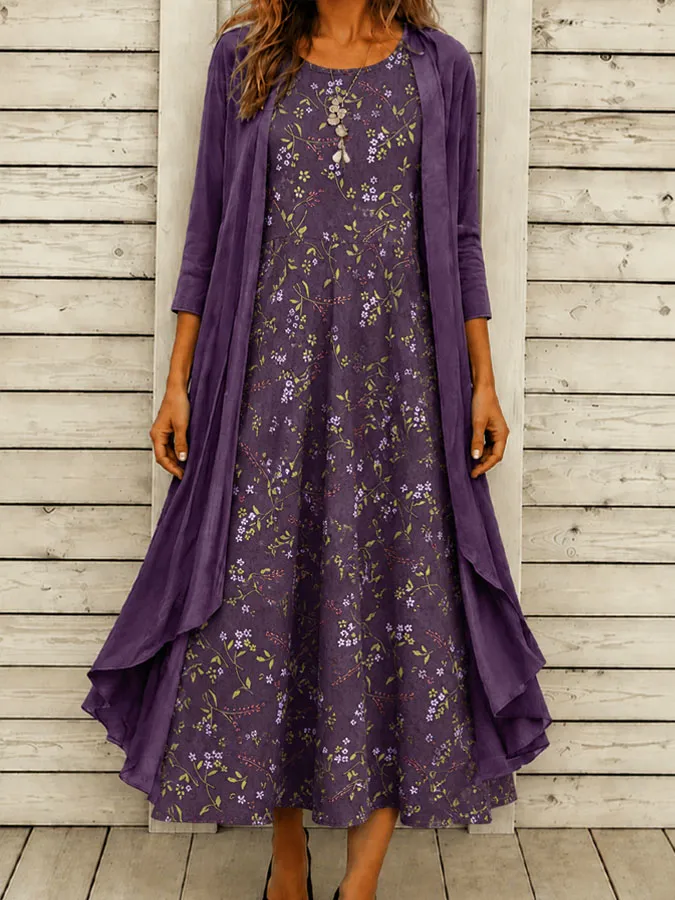 Women'S Floral Print Dress Two-Piece Set