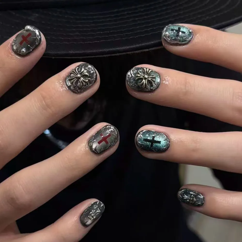 Nailhour 24Pcs 3D Party Gothic Cat Eye Short Squoval Press On Nails