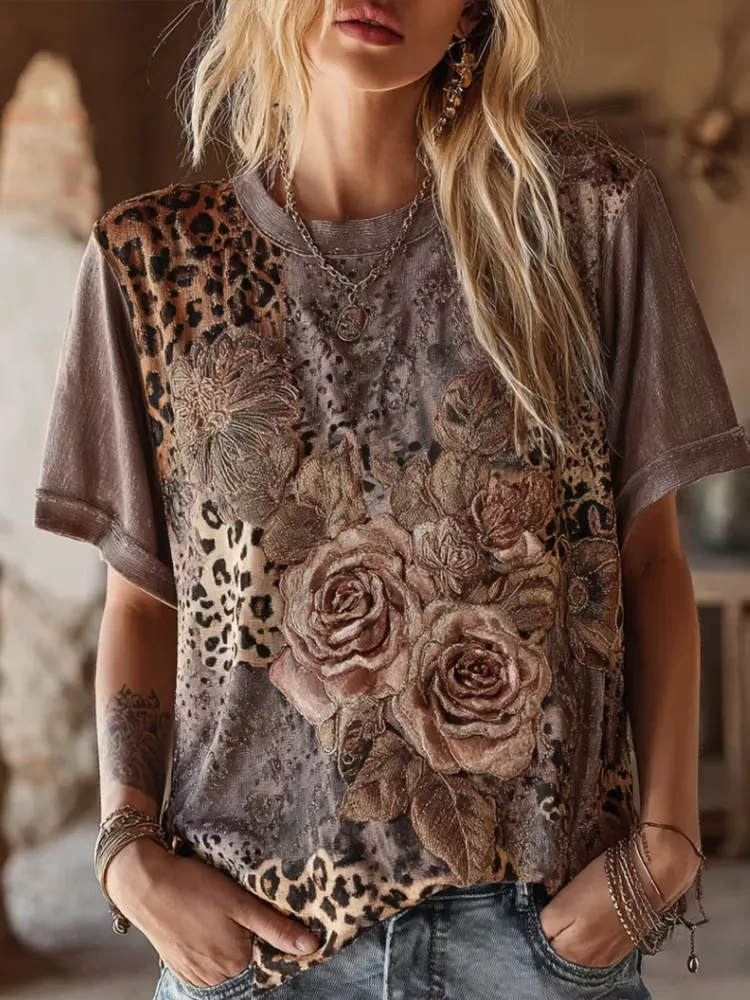 Women's Retro Floral Leopard Print Round Neck Short Sleeved Linen Blend Top
