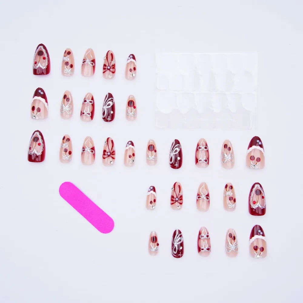 Nailhour 30Pcs Christmas Cherry 3D Medium Almond French Press On Nails