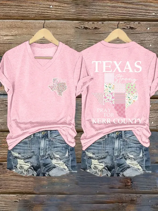 V Neck Retro Texas Strong Bow Print Pray For Kerr County Print T-Shirt