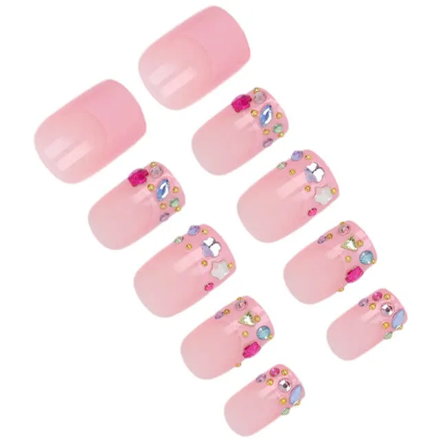 Nailhour 24Pcs Pink Rhinestone Medium Square Press On Nails