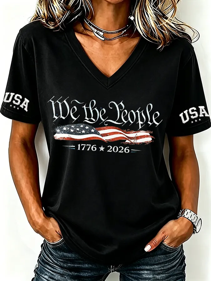Women'S Retro Independence Day Printed Casual Short Sleeved T-Shirt