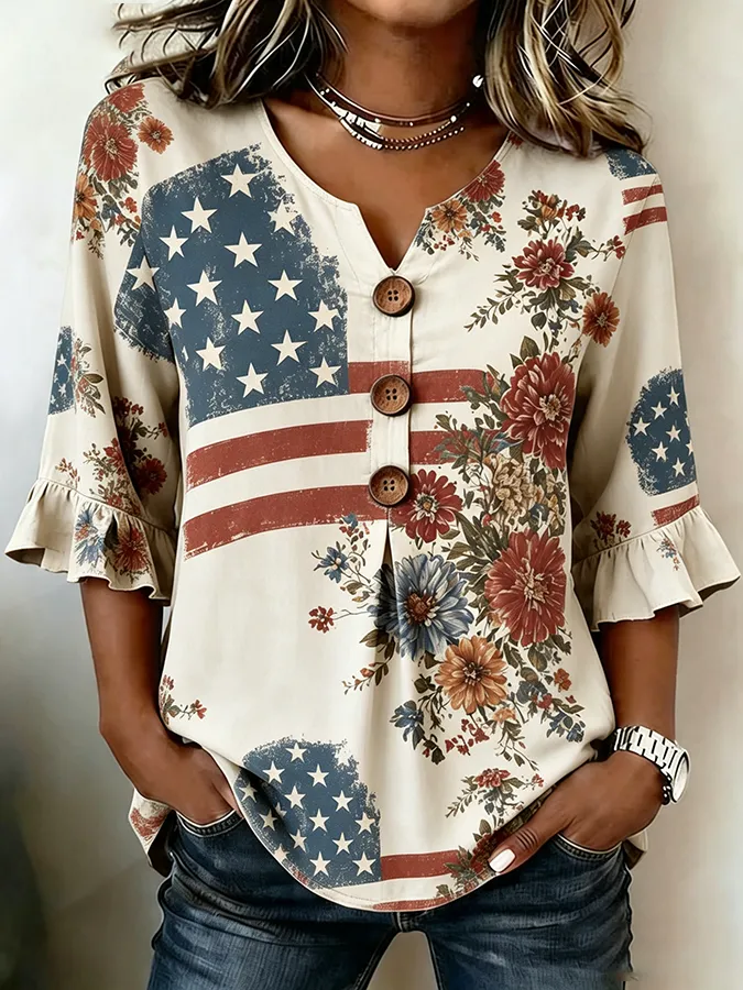 Women's Casual Patriotic 250th Anniversary Cotton Linen Shirt