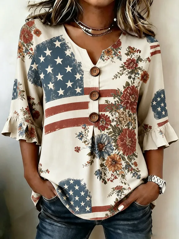 Women's Casual Patriotic 250th Anniversary Cotton Linen Shirt