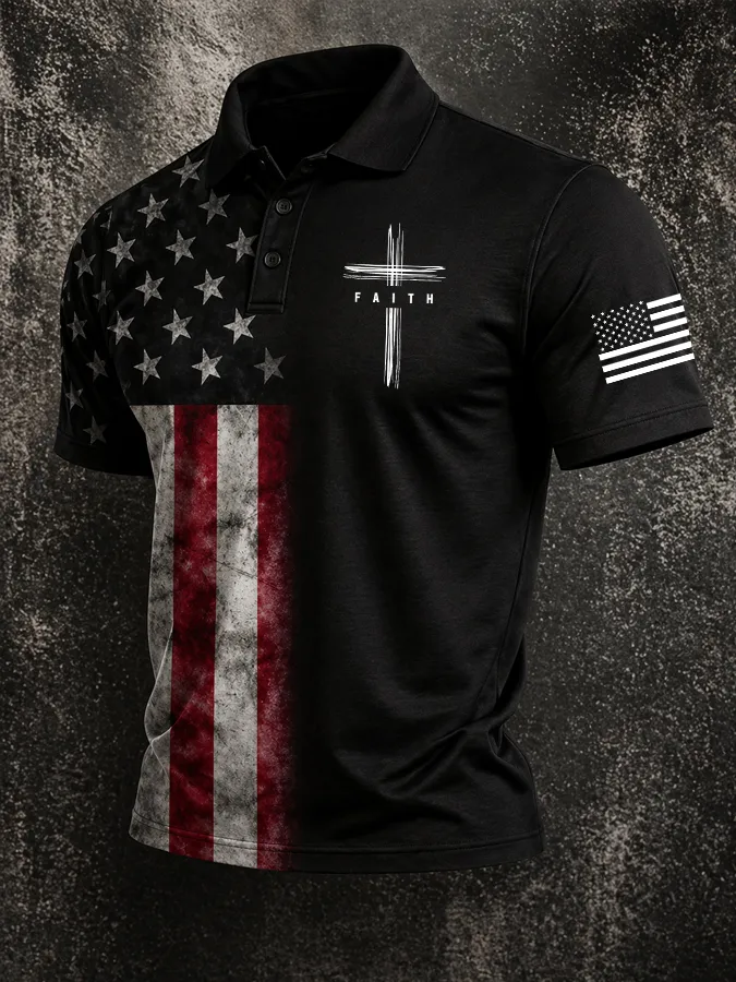 Men'S Cross Flag Printed Casual Polo Shirt