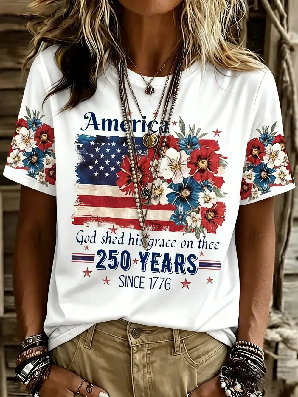 Women's Vintage USA Flag Print T-Shirt