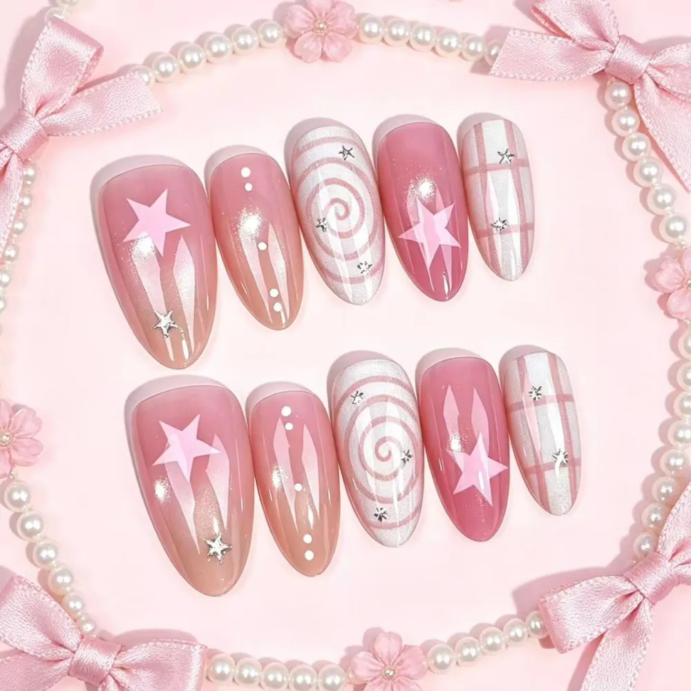 Nailhour 30Pcs Pink Gradient 3D Medium Almond French Press On Nails