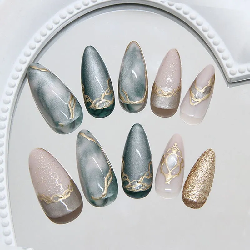 Nailhour 24Pcs Cat Eye Irregular Gilded Medium Almond French Press On Nails