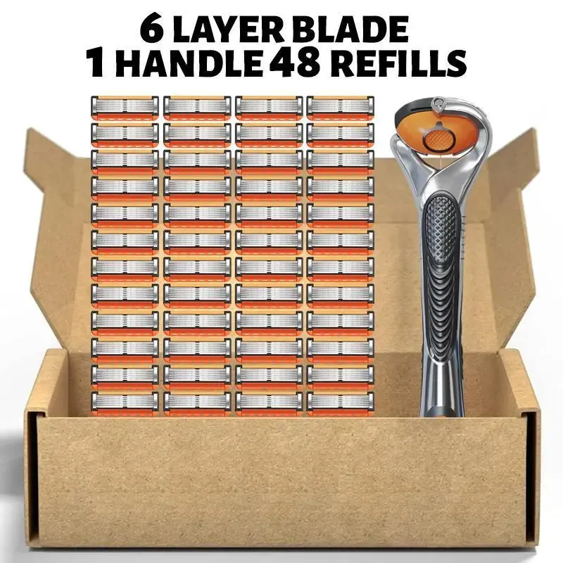 Men's Razor Blade Replacement, 48pcs Razor Blade & 1 Count Handle, Sharp Handheld Razor Blade, Men's Care Product for Daily Use, Head Shaver
