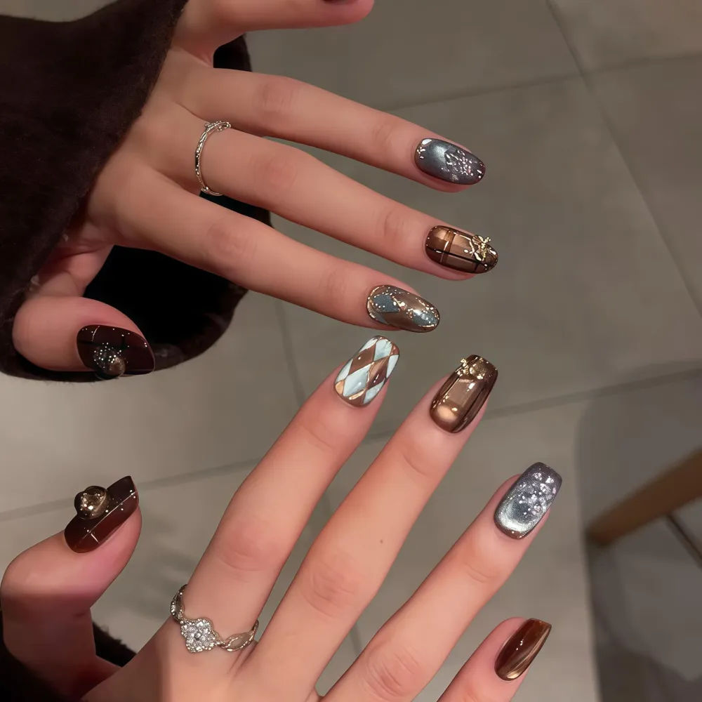Nailhour 10Pcs Cat Eye French 3D Gilded Medium Square Press On Nails