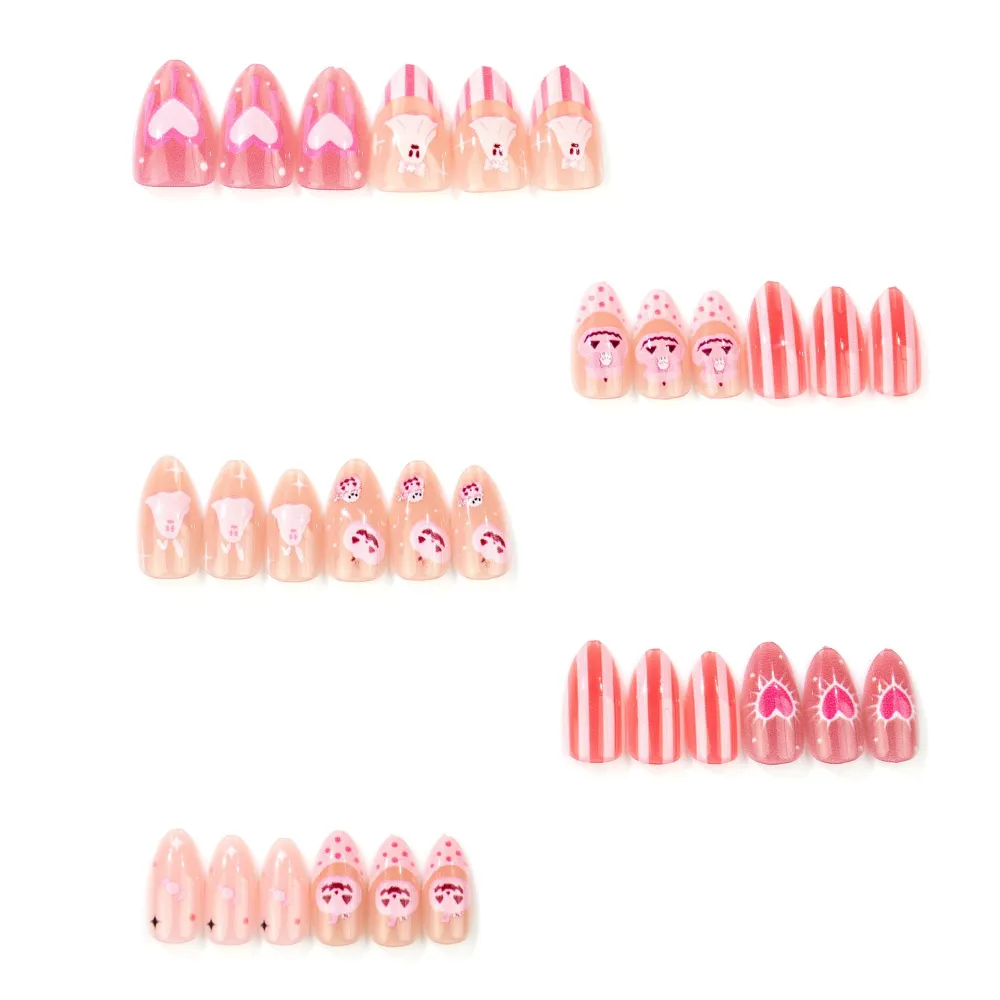 Nailhour 30Pcs Halloween Pink Medium Almond French Press On Nails