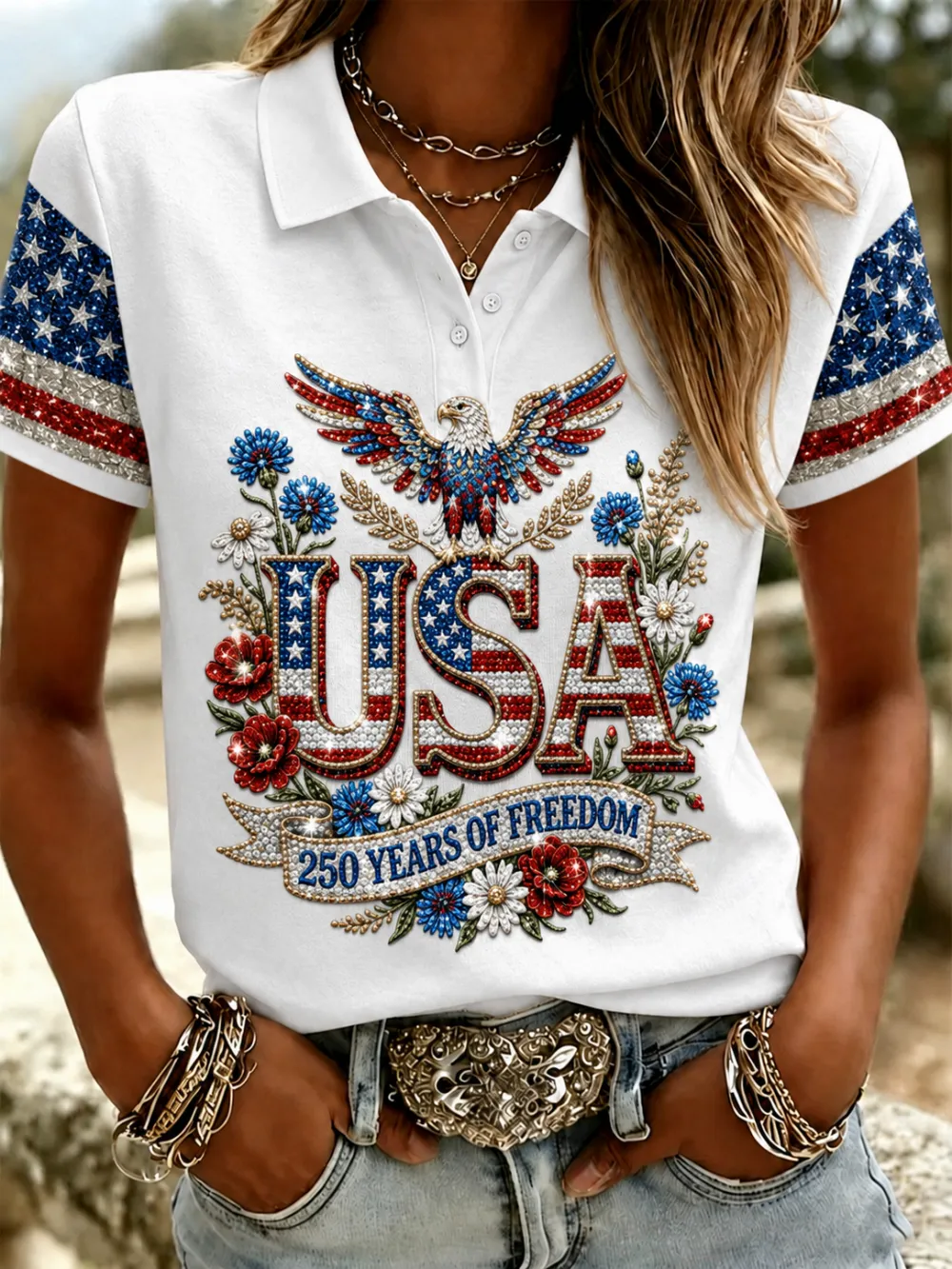 Women'S Casual American Independence Day Printed Polo Shirt Short Sleeved