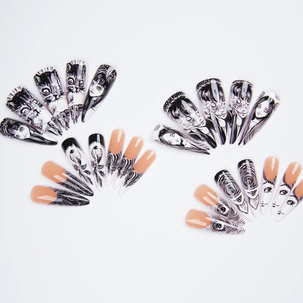 Nailhour 24Pcs Scary Gothic Party Black Long Almond Press On Nails
