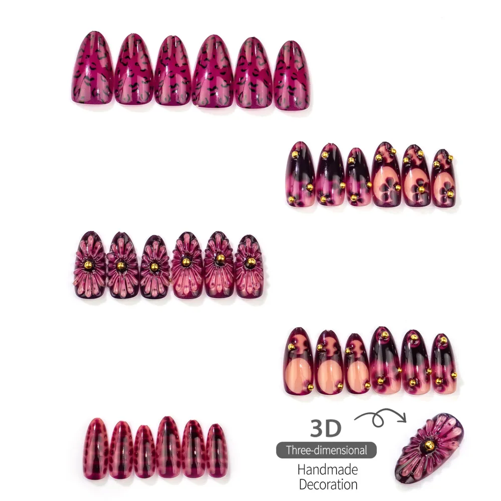 Nailhour 30Pcs Floral Purple 3D Medium Almond French Press On Nails