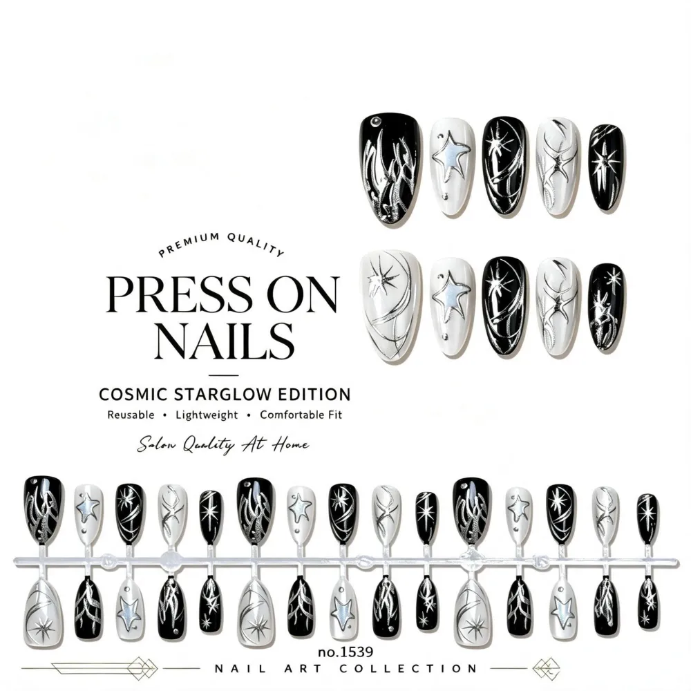 Nailhour 30Pcs Y2K Star 3D Medium Almond French Press On Nails
