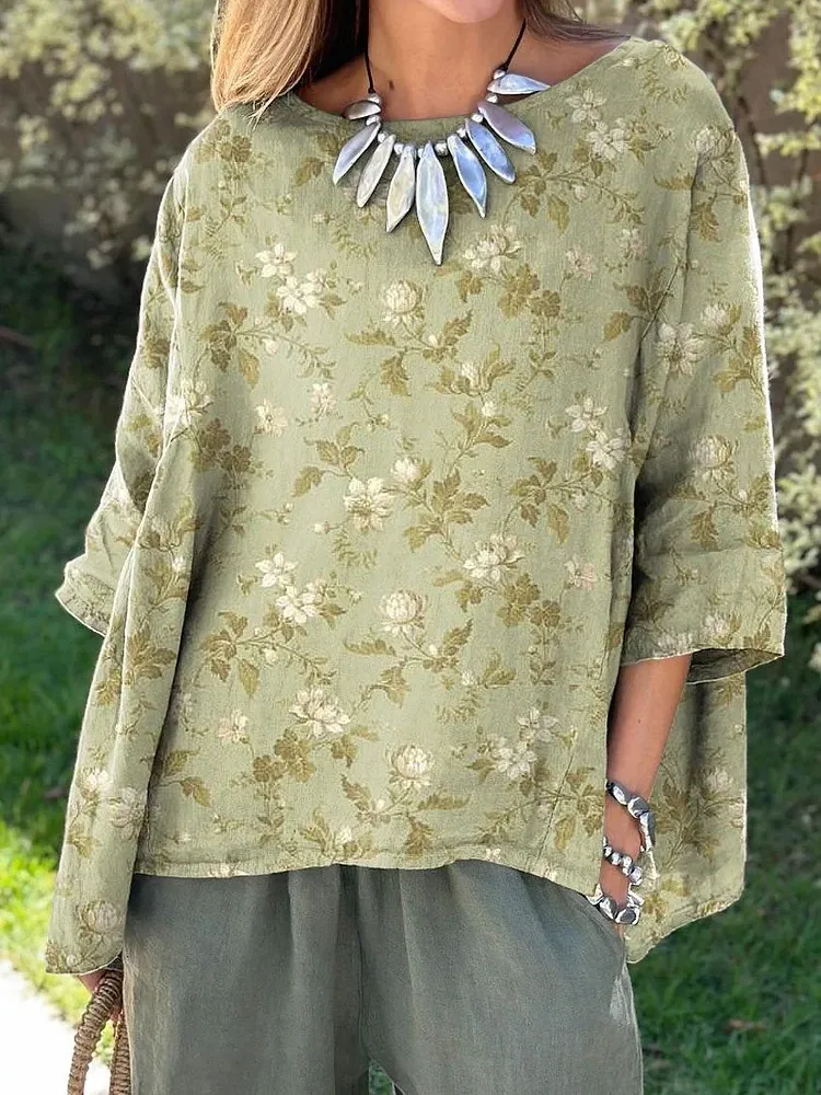 Women's Elegant Lovely Floral Print Round Neck Shirt
