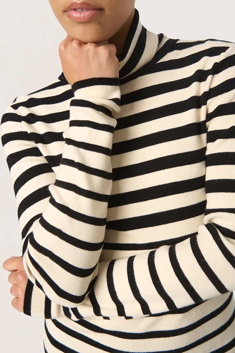 High Neck Striped Long Sleeve Fitted Tops