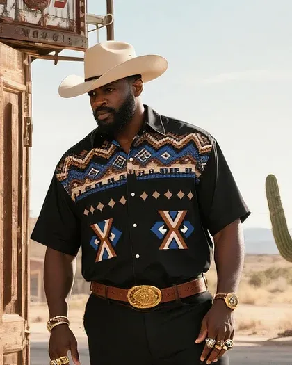 Men'S Western Navajo Geometric Print Short Sleeve Shirt