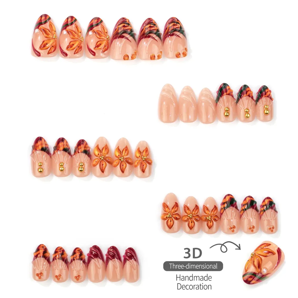 Nailhour 30Pcs Leopard Print Autumn/Winter Medium Almond French Press On Nails