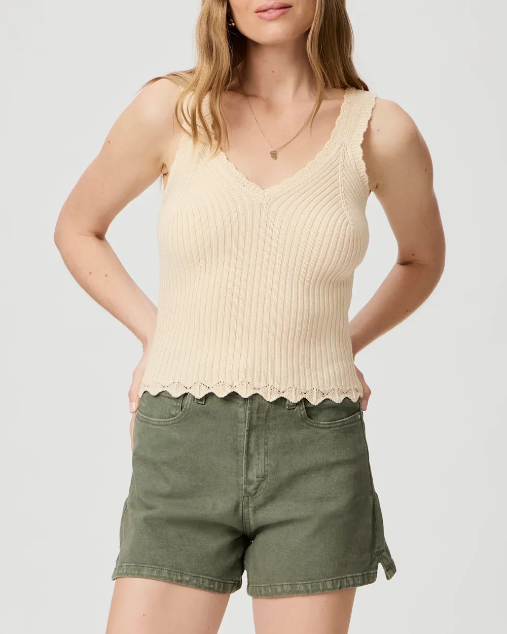 Beige Ribbed V Neck Cropped Tank Top