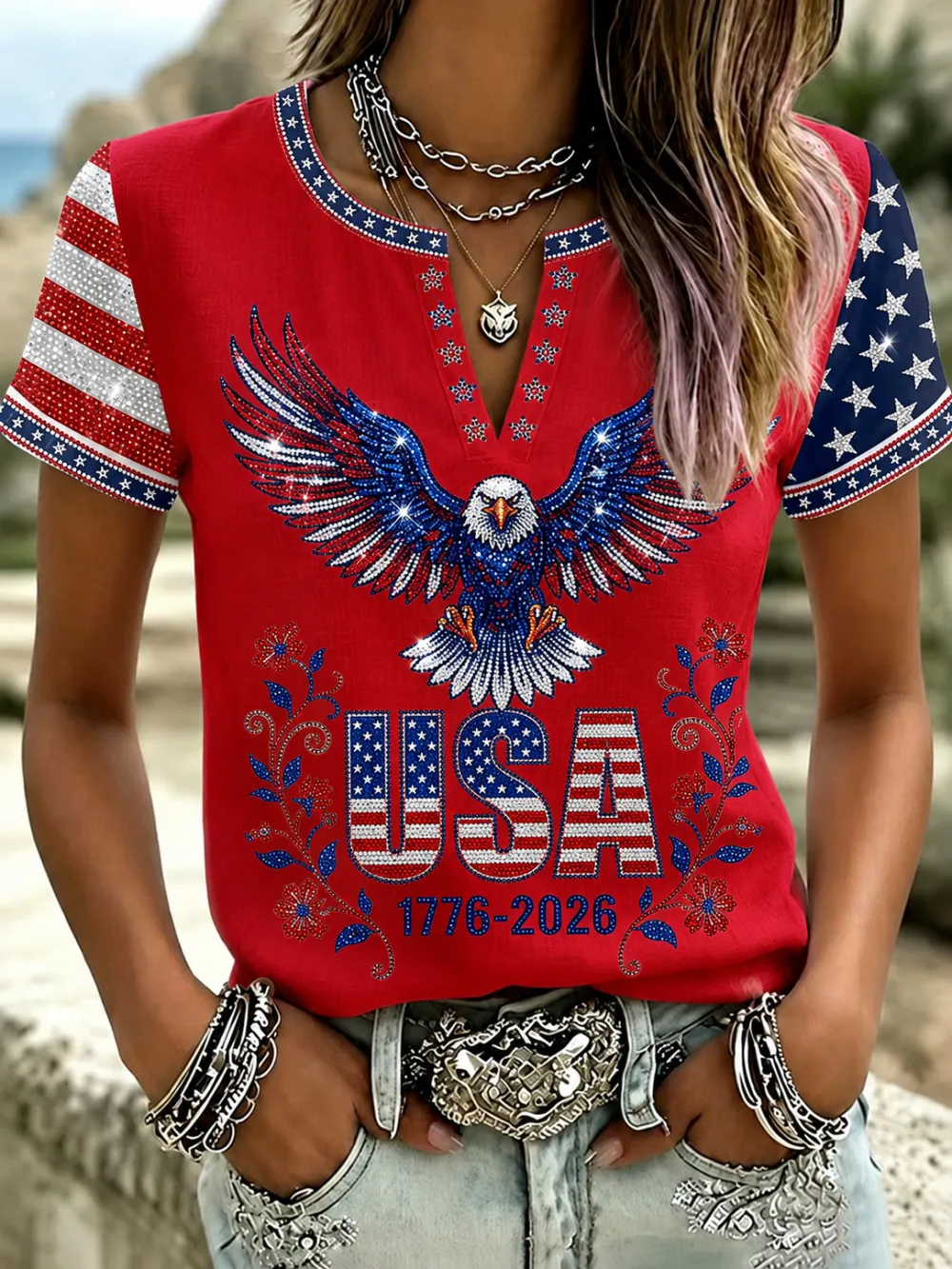 Women'S Casual Cotton Linen American Independence Day Floral Art Printed Short Sleeved T-Shirt