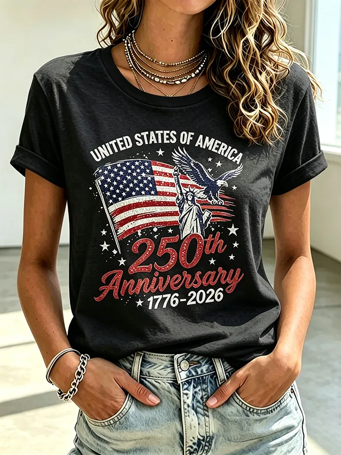 Ladies' Casual American 250Th Anniversary Commemorative Sequin Personalized Printed Round Neck Short Sleeved T-Shirt